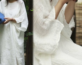 287 --- Robe tunique surdimensionnée en lin texturé (hors combinaison), robe longue caftan blanche, robe tunique, maternité, vêtements grande taille.