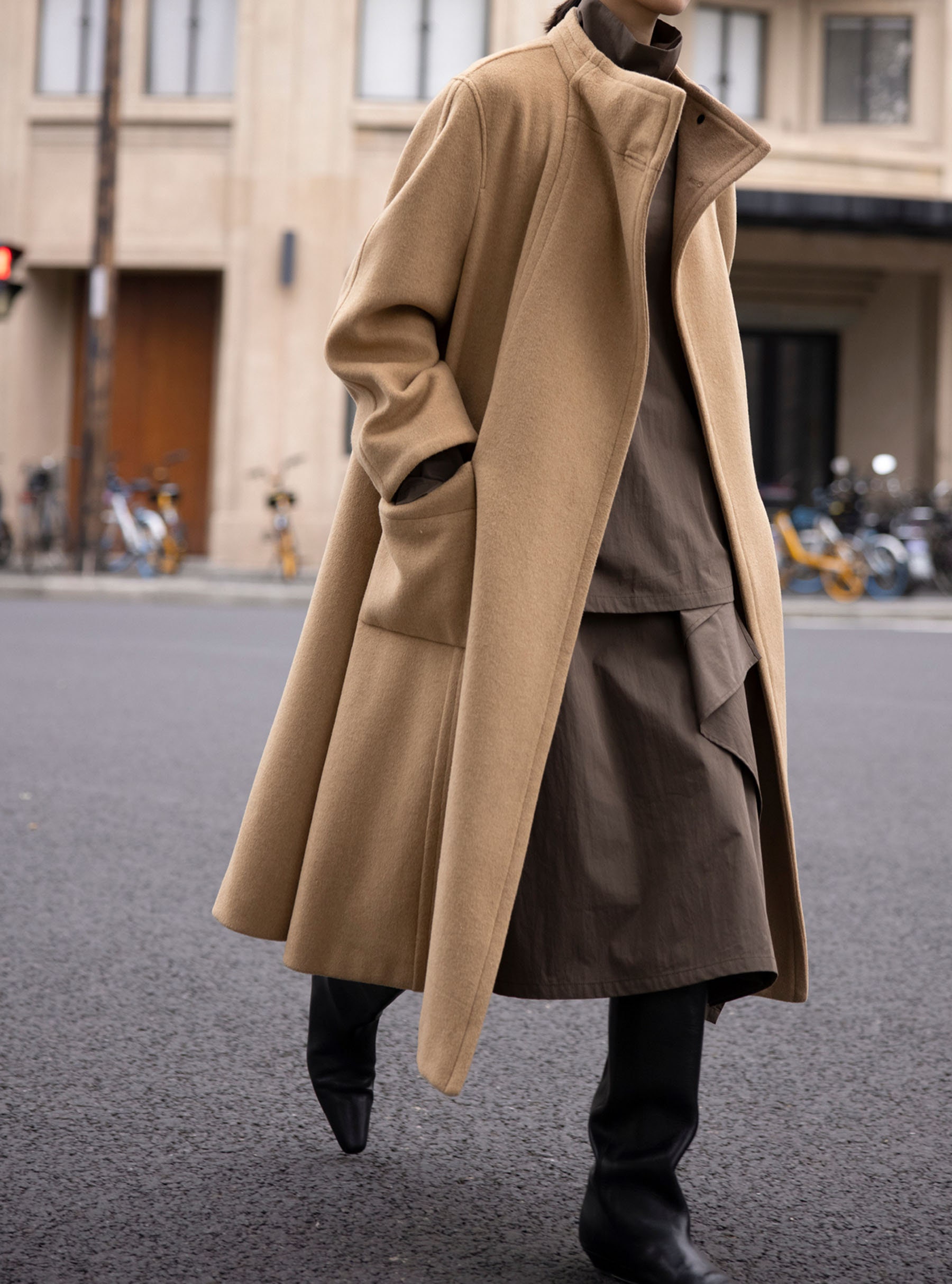 W009---women's Wool High Neck Collar Trapeze Coat, Vintage