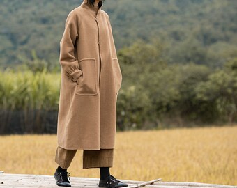 D077---Women's Double Faced Camel Coat, Hand Stitched Double Coat, Camel Winter Outerwear, Made to Order.