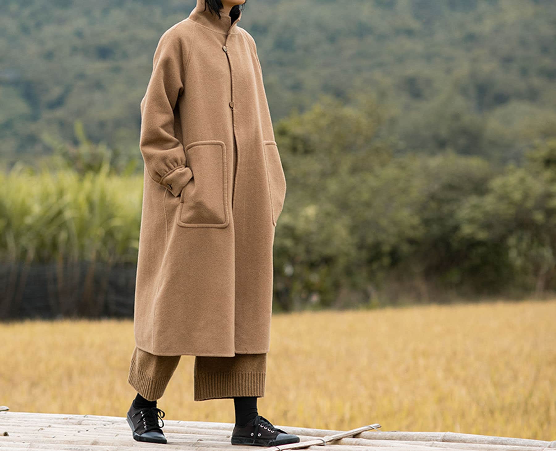 D077---women's Double Faced Camel Coat, Hand Stitched Double Coat