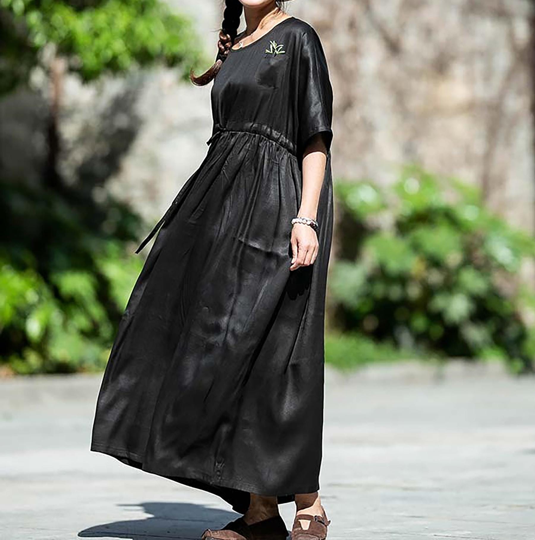 wafu ワフ とろみリネンシルク レギンス ブラック W127---oversized Mud Silk Charmeuse Gather Waist Dress, Xiang Yun