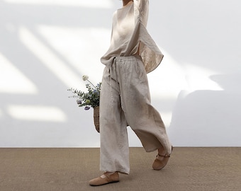 J062---Wide Leg Linen Pants with Drawstring Waist, Loose-legged Linen Pants, Linen Trousers with Pockets, Flax Linen Pants for Women.