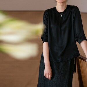E046---Black Pure Silk Satin Blouse, Silk Charmeuse 3/4 Sleeve Shirt, Silk Top, S, M, L, XL, 2XL, 3XL, Made to Order.