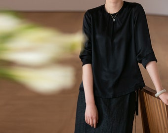 E046---Black Pure Silk Satin Blouse, Silk Charmeuse 3/4 Sleeve Shirt, Silk Top, S, M, L, XL, 2XL, 3XL, Made to Order.