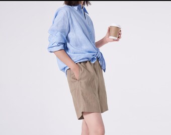 W108--Brown Elastic Waist Linen Shorts with Pockets, Summer High Waist Linen Shorts for Women, Loose Linen Shorts, Made to Order