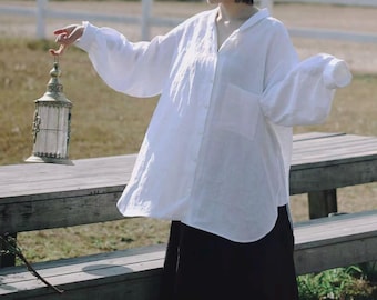 26034---Oversized Two Way Collar European Linen Shirt with Chest Pocket, Women's Elegant Loose Linen Peasant Blouse, White Beach Blouse