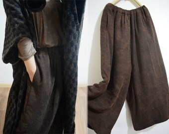 X032---Women's Mud Tussah Silk Padded Wide-leg pants, Gambiered Silk Winter Wide Leg Pants,  Made to Order.