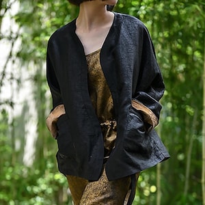 W128---Reversible Cracked Mud Silk Kimono-Inspired Jacket, 100% Mulberry Silk Naturally Dyed Minimalist Open Front Jacket, Made to Order.