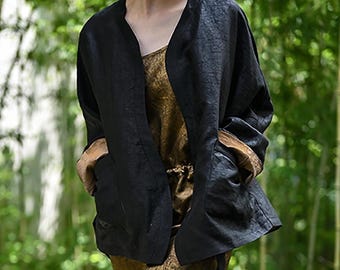 W128---Reversible Cracked Mud Silk Kimono-Inspired Jacket, 100% Mulberry Silk Naturally Dyed Minimalist Open Front Jacket, Made to Order.