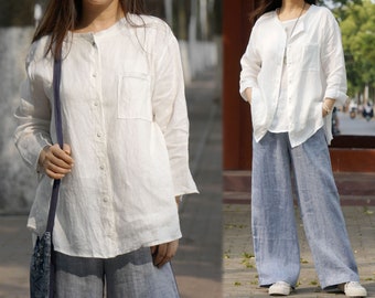 W035---High Count 42s Thin Ramie Blouse / Bracelet Sleeve Shirt in White Color,  Made to Order.