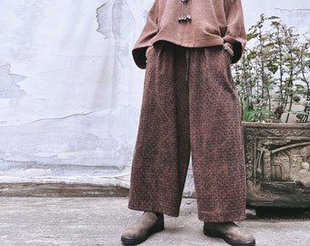 N201---Women's Mud Tussah Silk Jacquard Pleated Pants, Fully Cotton Lined,  Made to Order.