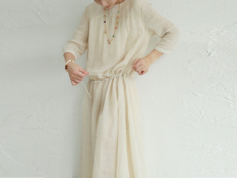 in Cream Color I022---High Counted Crinkled Ramie Dress Ankle Length Low Waist 34 Sleeves Made to Order.