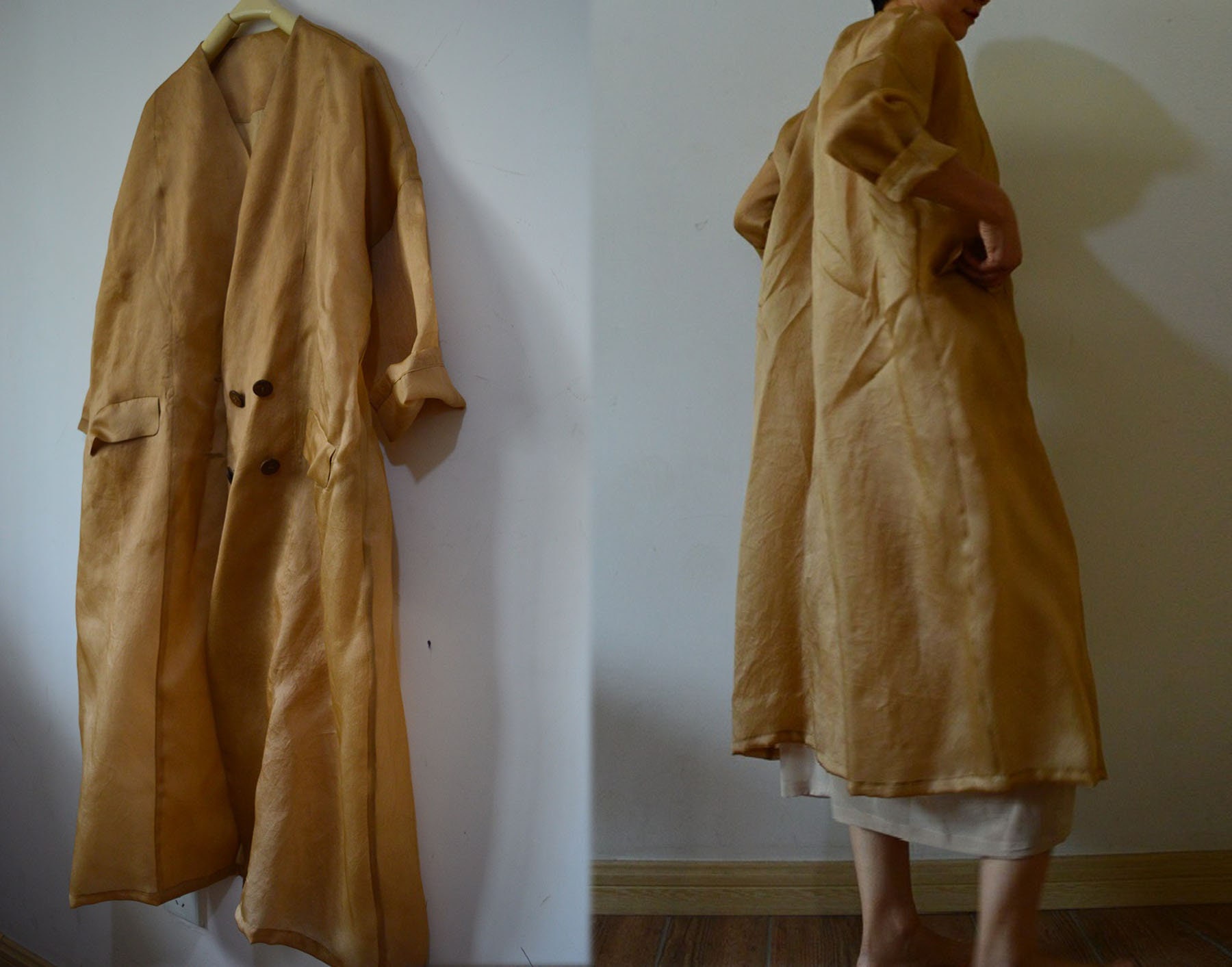 A164---distressed Silk Organza Trench Coat, Bronze Double-breasted