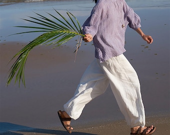 D320---White Linen Balloon Silhouette Trousers, Linen Beach Pants, Made to Order.