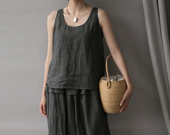 J007---Schwarze dünne Ramie Tank Top, auf Bestellung gefertigt