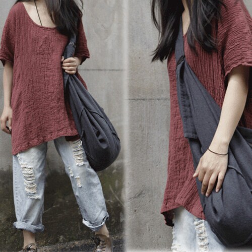 192---Textured Linen Top, Supersize Short Sleeve Brown Crinkle shops Linen Blouse, Made to Order.