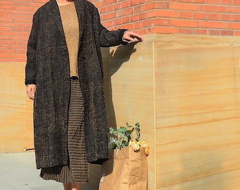 A323---Cracked Mud Silk Shawl Collar Duster Coat / Trench Coat,  Tea Silk Fall Jacket, Guangdong Gauze Outerwear, Gambiered Silk Winter Coat