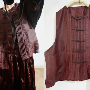 X053---Pin Tucked  Gambiered Silk Chinese Vest with Piping in Rusty Red, Made to Order.