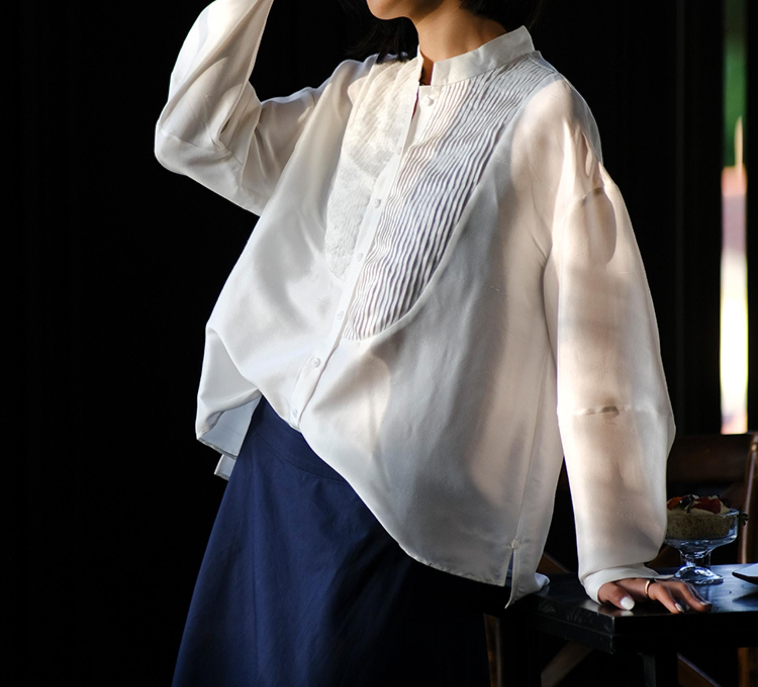 V109---women's White Dupioni Silk Asymmetric Pintuck Blouse