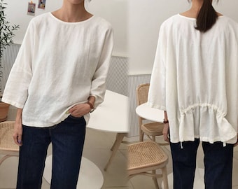 Z166---Off White Loose French Linen Top, Oversized Linen Tee, Linen Tunic, Linen T-shirt, Linen Blouse, Plus Size Clothing, Made to Order.