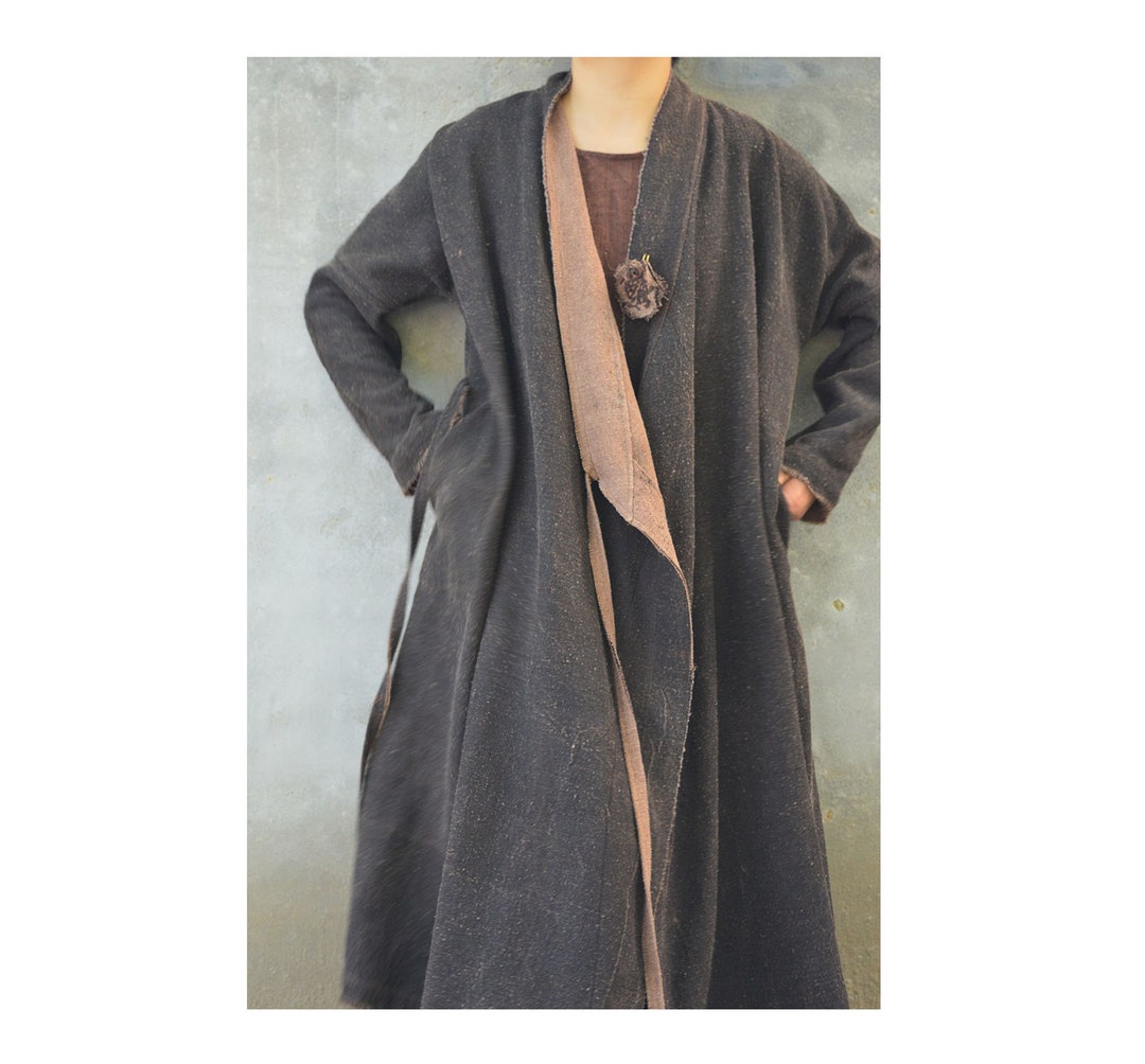 A183--- Reversible Tussah Silk Wrap Coat, Distressed Trench Coat