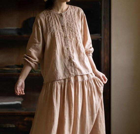 O108---pink Linen Pintuck Blouse With Elastic Cuff, Loose Blouse