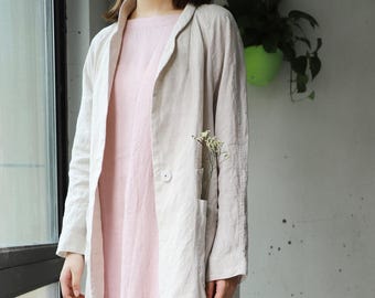 Z113---French Linen Duster Coat, Women Linen Coat, Trench Coat, Flax Linen Shawl Collar Jacket, Fall Outerwear