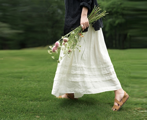 Buy D231---white Thin Linen Horizontal Pleated Skirt, Made to