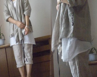 015---Hand Embroidered Linen Gauzy Kimono Jacket, Linen Hanfu Blouse, Chinese Costume, Kimono Blazer, Zen Clothing, Handynasty Style.