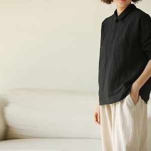 F015Washed Linen Top / Tee / Blouse, White Long Sleeves Linen Shirt, Made to Order. Black