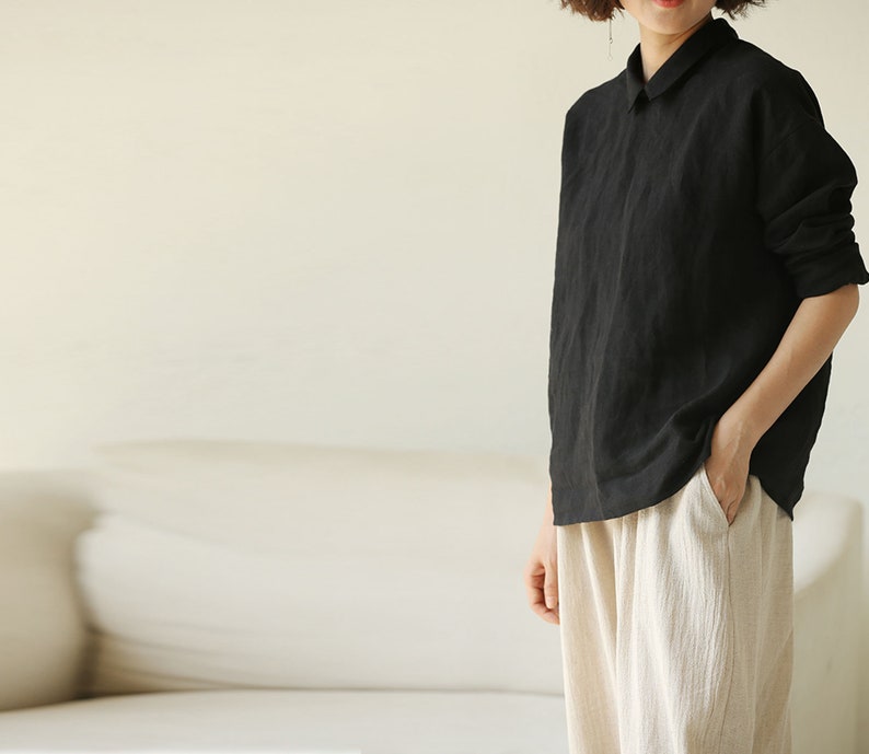 F015Washed Linen Top / Tee / Blouse, White Long Sleeves Linen Shirt, Made to Order. Black