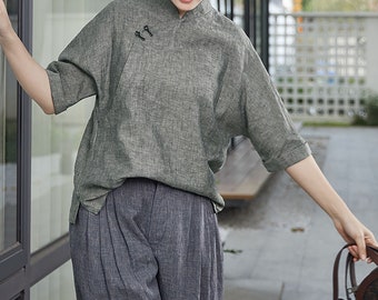W005---Washed Yarn Dyed Linen China Shirt, Chinese Blouse, Linen Stand Collar Shirt, Linen Top,  Linen Tee, Linen T-shirt, Made to Order.