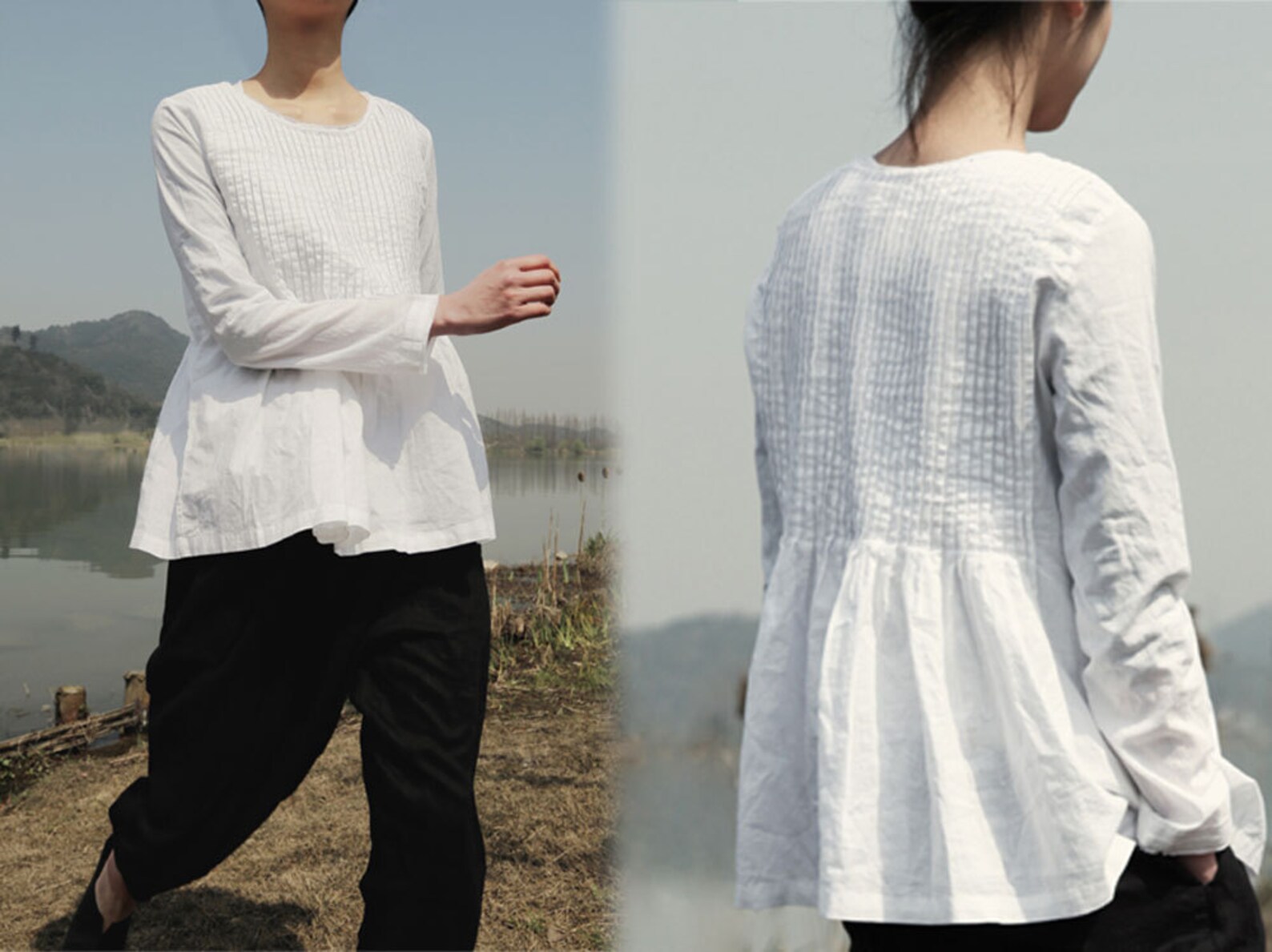 167pintucked White Linen Blouse Handmade Linen Blouse Etsy