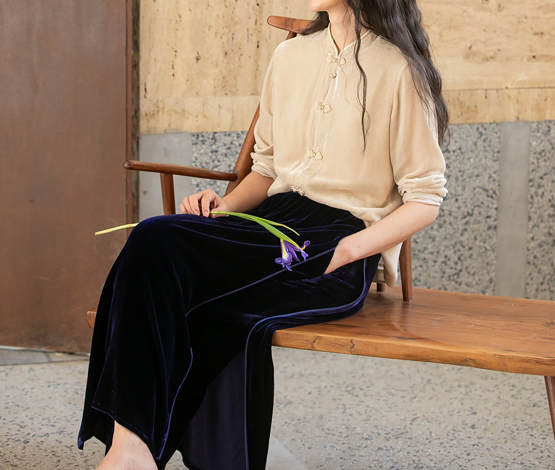 E113---silk Velvet Chinese Blouse in Beige, Silk Charmeuse Long 
