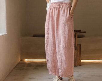 I041---Washed Cloudy Pink Linen Boyfriend pants, Relaxed, Slouchy Fit , Loose Linen Crop Pants / Women Linen Trousers, Made to Order.