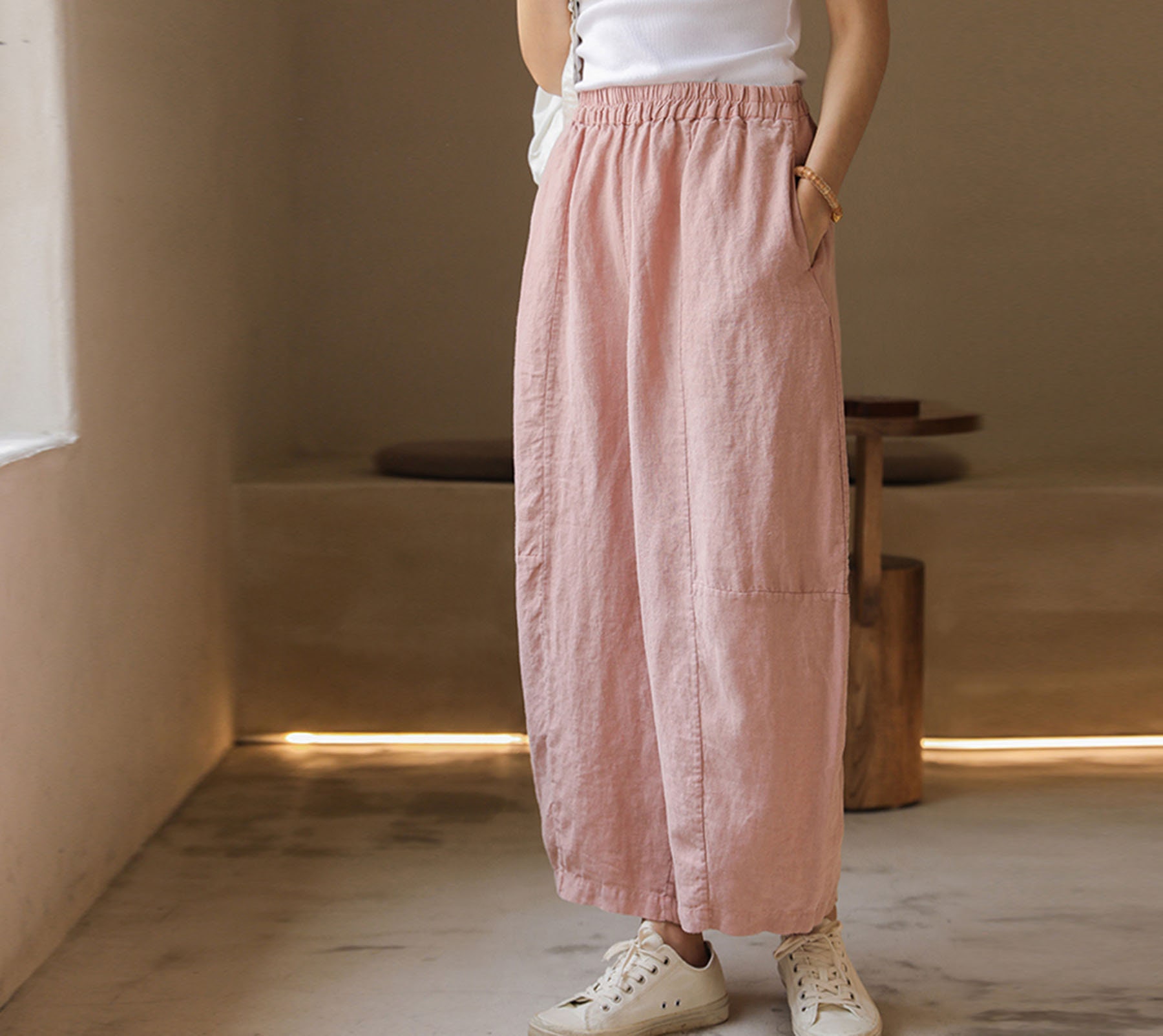 I041--Washed Cloudy Pink Linen Boyfriend pants, Relaxed, Slouchy Fit, Loose Linen Crop Pants / Women Linen Trousers, Made to Order.
