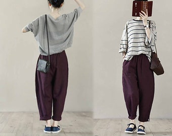 B049---Tapered Boyfriend Grape / Gray / Pink FrenchLinen pants, Relaxed, Slouchy Fit , Loose Women Trousers, One Size Fits Many.