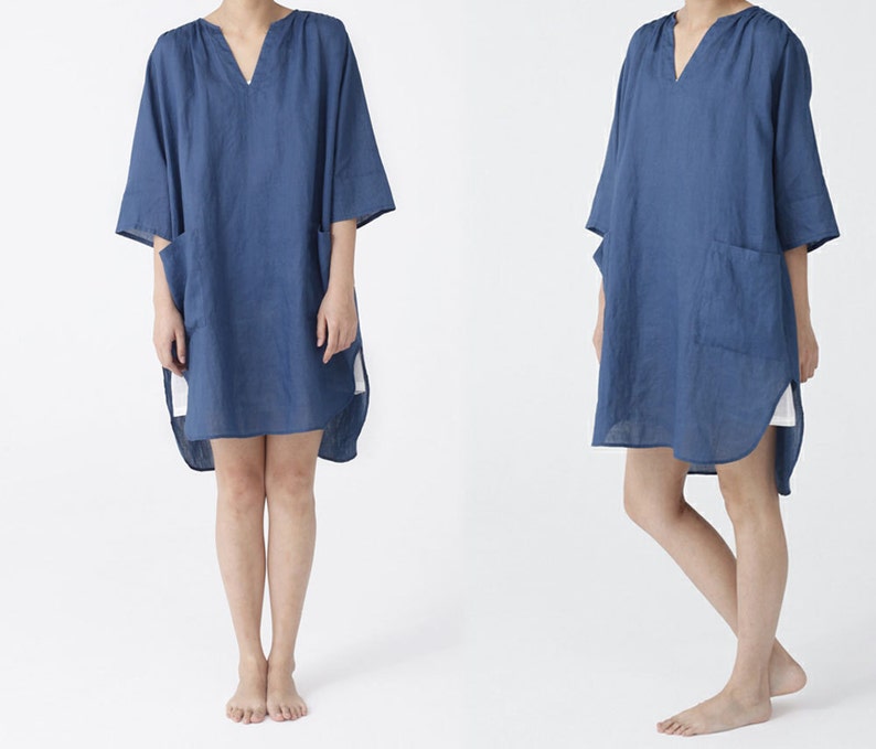 Shirt Dress. Excluding the inner Slip 084---Washed Ramie V-neck Red Tunic Dress