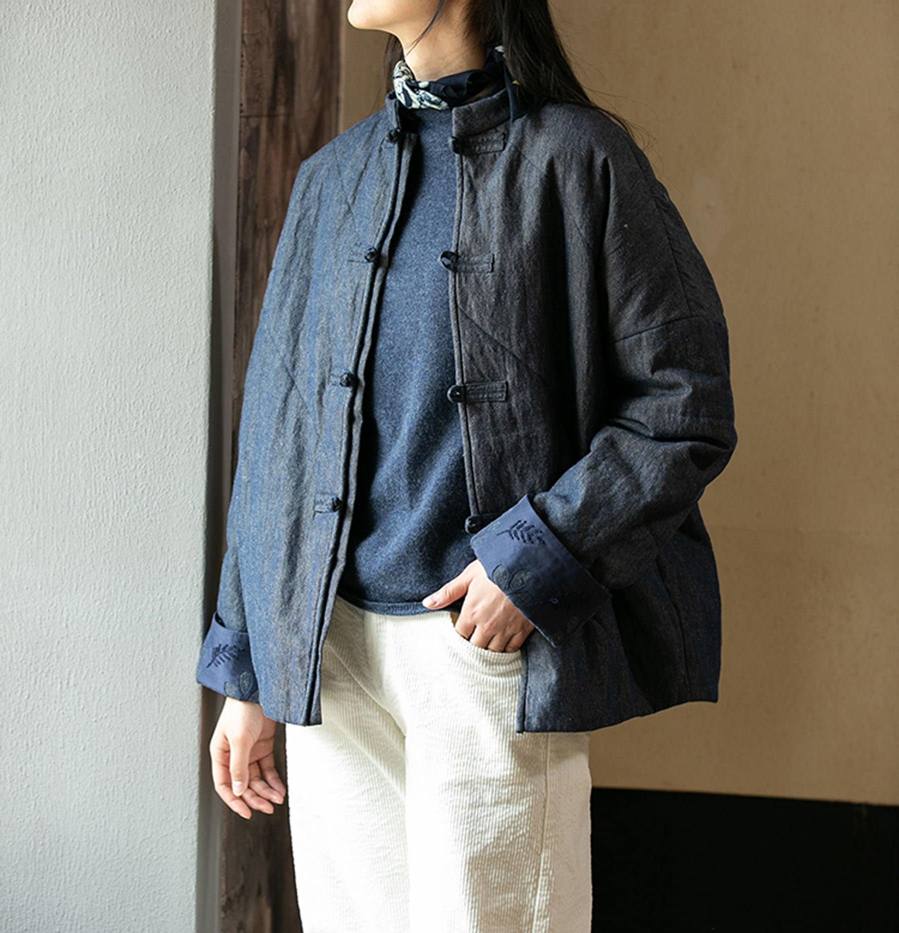 E025---women's Linen Cotton Blend Quilted Denim Jacket
