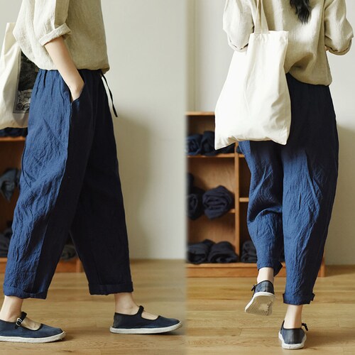 B077---Tapered Boyfriend Yarn Dyed Linen pants, Relaxed, Slouchy Fit , Loose Women shops Trousers, One Size Fits Many.