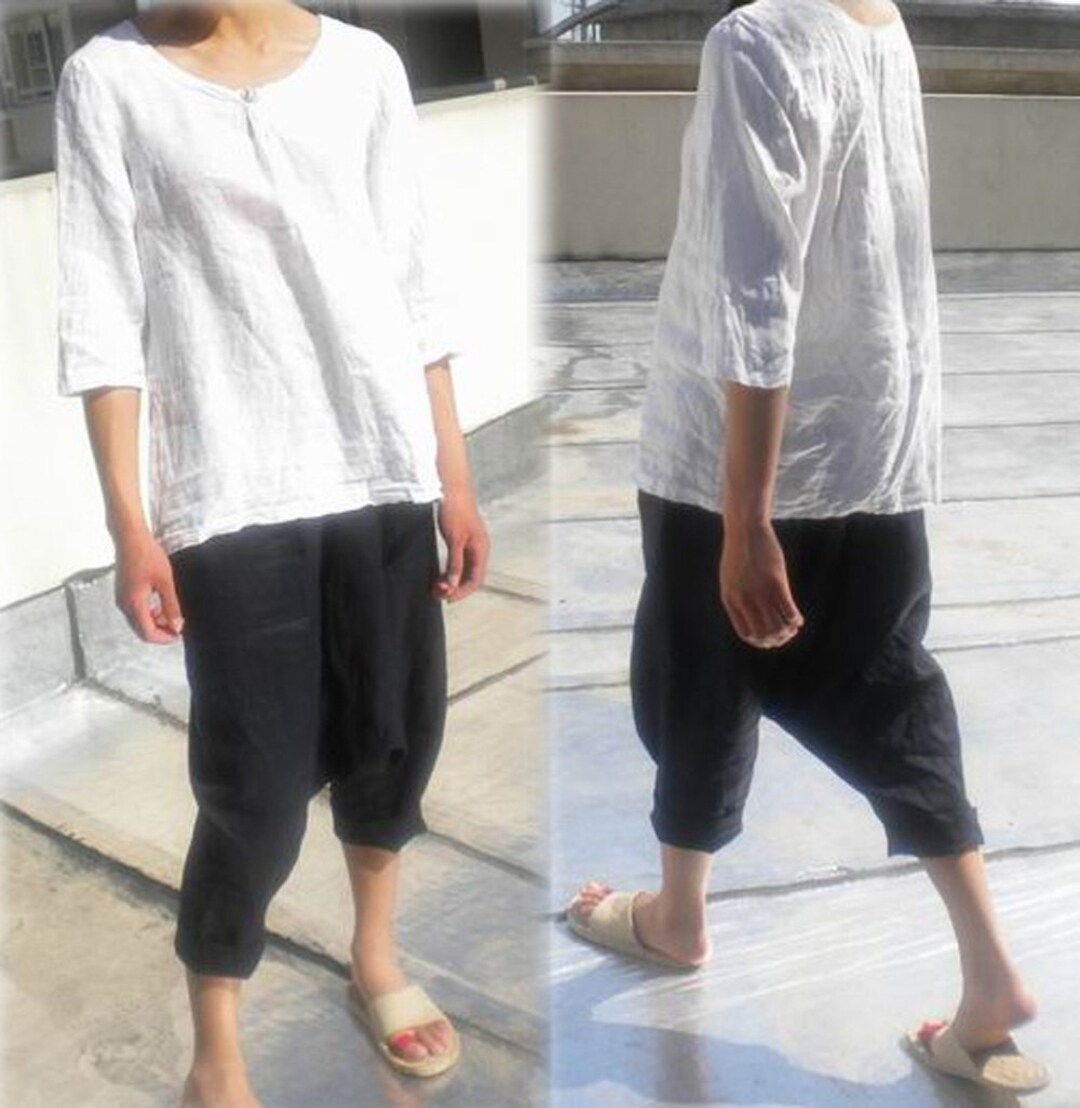 004---sarrouel Thai Pants, Black Linen Drop Crotch Pants, Harem
