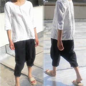 004---Sarrouel Thai Pants, Black Linen Drop Crotch Pants, Harem Pants, Japanese Linen Trousers , Culotte Pants, Yoga Pants, Fisherman Pants.