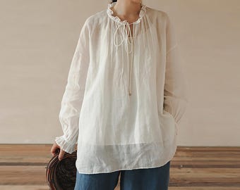D293---Thin Ramie Pintuck Poet Blouse in Off White, Gathered Victorian Blouse,  Made to Order.
