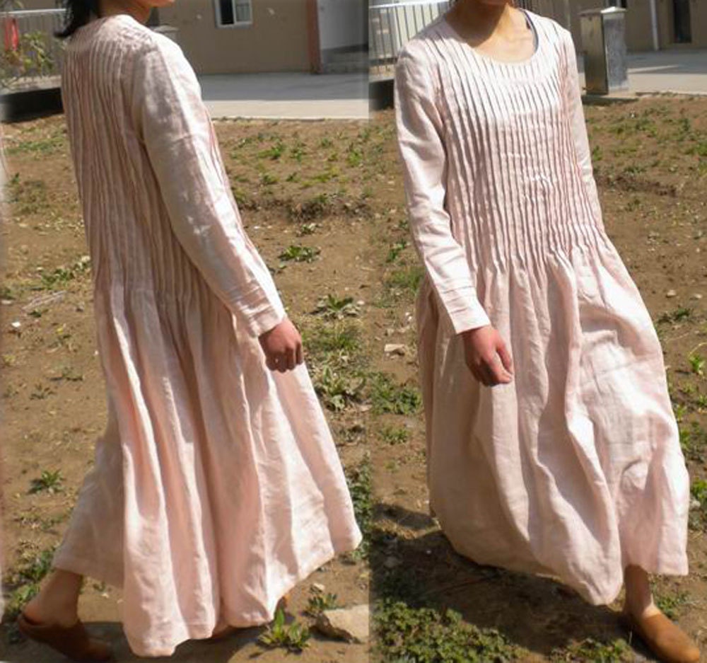 072Pintucked Pink Maxi Linen Dress Women's Long Sleeve Etsy