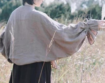 26011---Taupe Linen Pirate Shirt, Mini Gipsy Blouse, Swardsman Cardigan Blouse W Baloon Sleeves, Loose Poets Linen Top, Baloon Sleeve Blouse