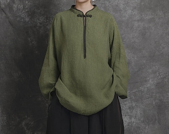 W136---Loose Yarn Dyed Linen Batwing Blouse, Qipao Shirt, Chinese Blouse, Oversized Linen Shirt, Linen Cheongsam Top, Linen T-shirt