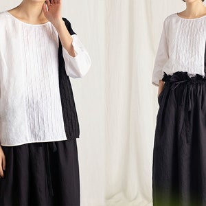 D019---Two-tone Linen Blouse, Women&#39;s Pintucked Linen Tunic / Top / Tee, Two Tone Linen Shirt,  Linen Clothing, Made to Order.