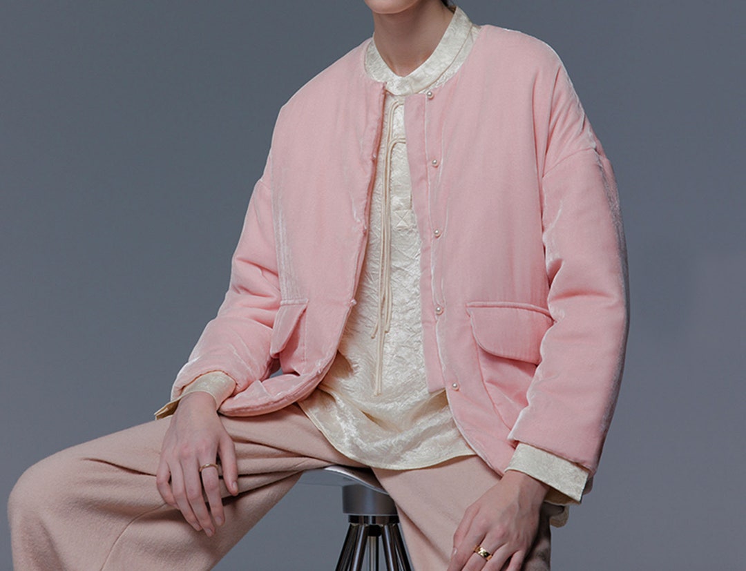 W077---spring Jacket, Silk Velvet Quilted Jacket in Light Pink, Short