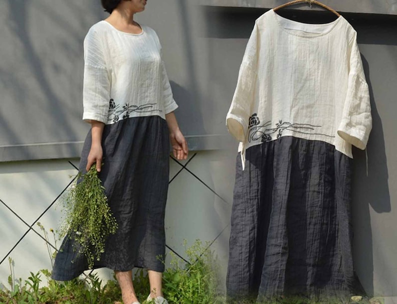 468---Hand Embroidered Bi-color Ramie Dress Two-tone Tunic Made to Order.