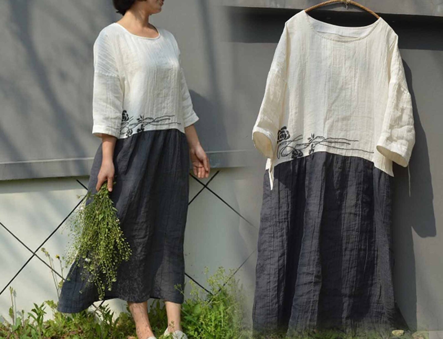 468Hand Embroidered Bicolor Ramie Dress Twotone Tunic Etsy